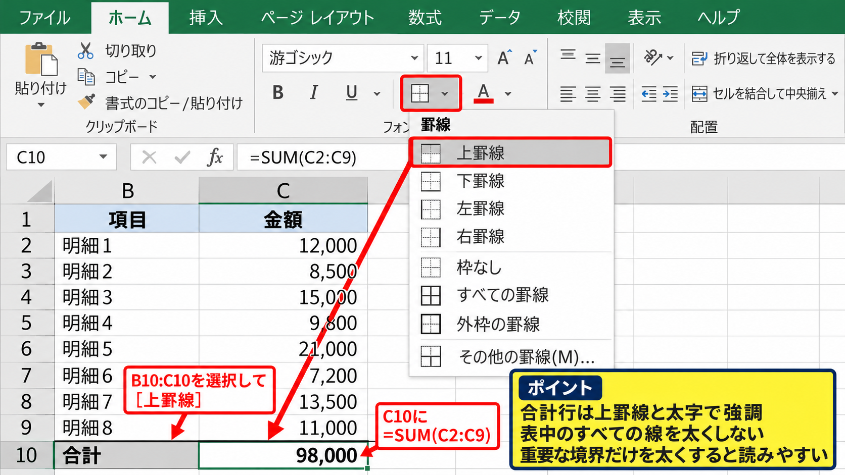 罫線ボタンによる内側と外側の使い分け - 合計行の上罫線による集計の明示