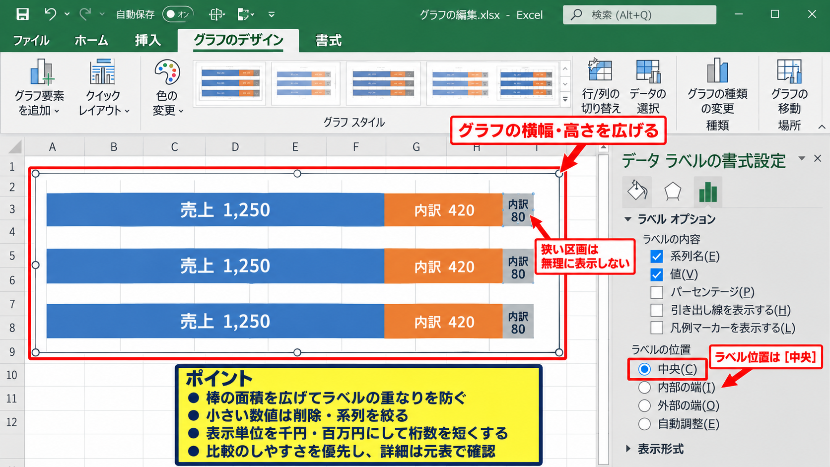 棒グラフの内数を見せるデータラベルの設定 - 内訳ラベルが重なる場合の対処
