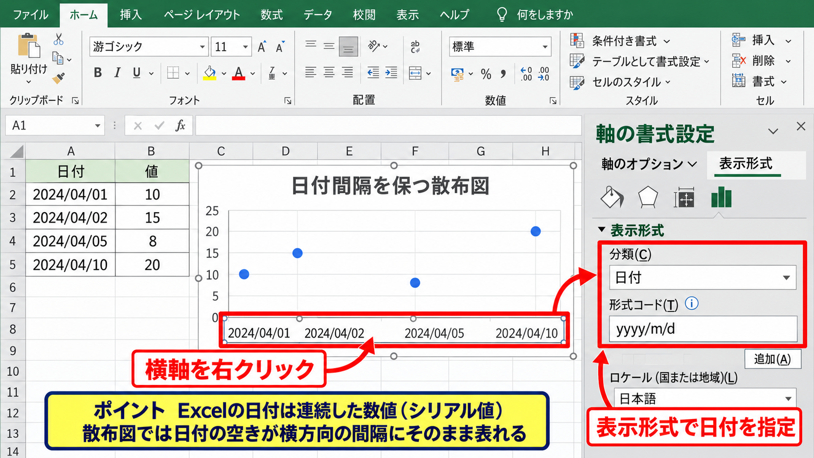 散布図のX軸がおかしい場合の確認項目【数値と日付の判定】 - 日付データの確認【シリアル値の理解】
