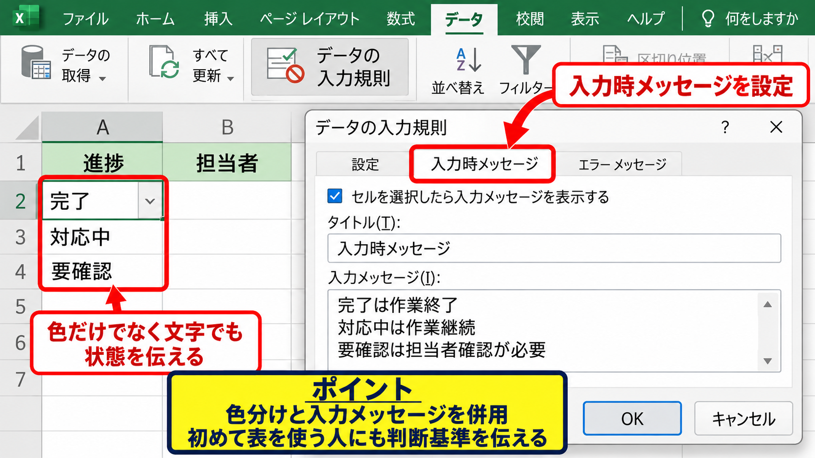 プルダウン候補の背景色と標準機能の制限 - 見やすさを補う入力メッセージの活用