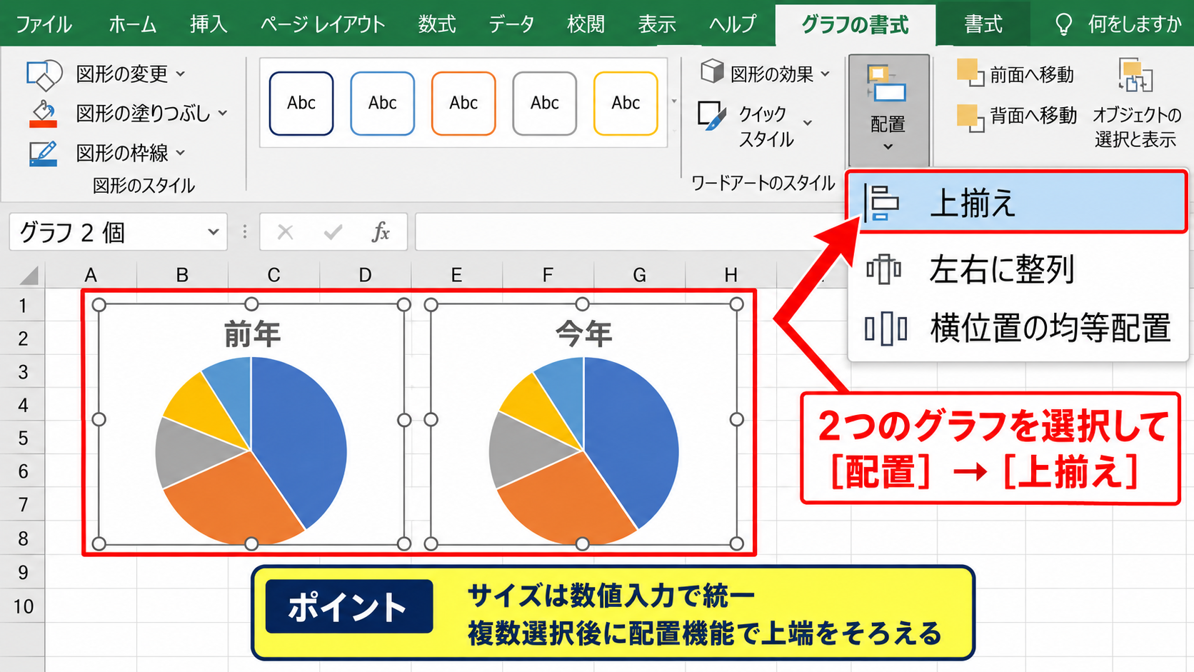 円グラフの大きさを統一する設定 - 配置と間隔の調整